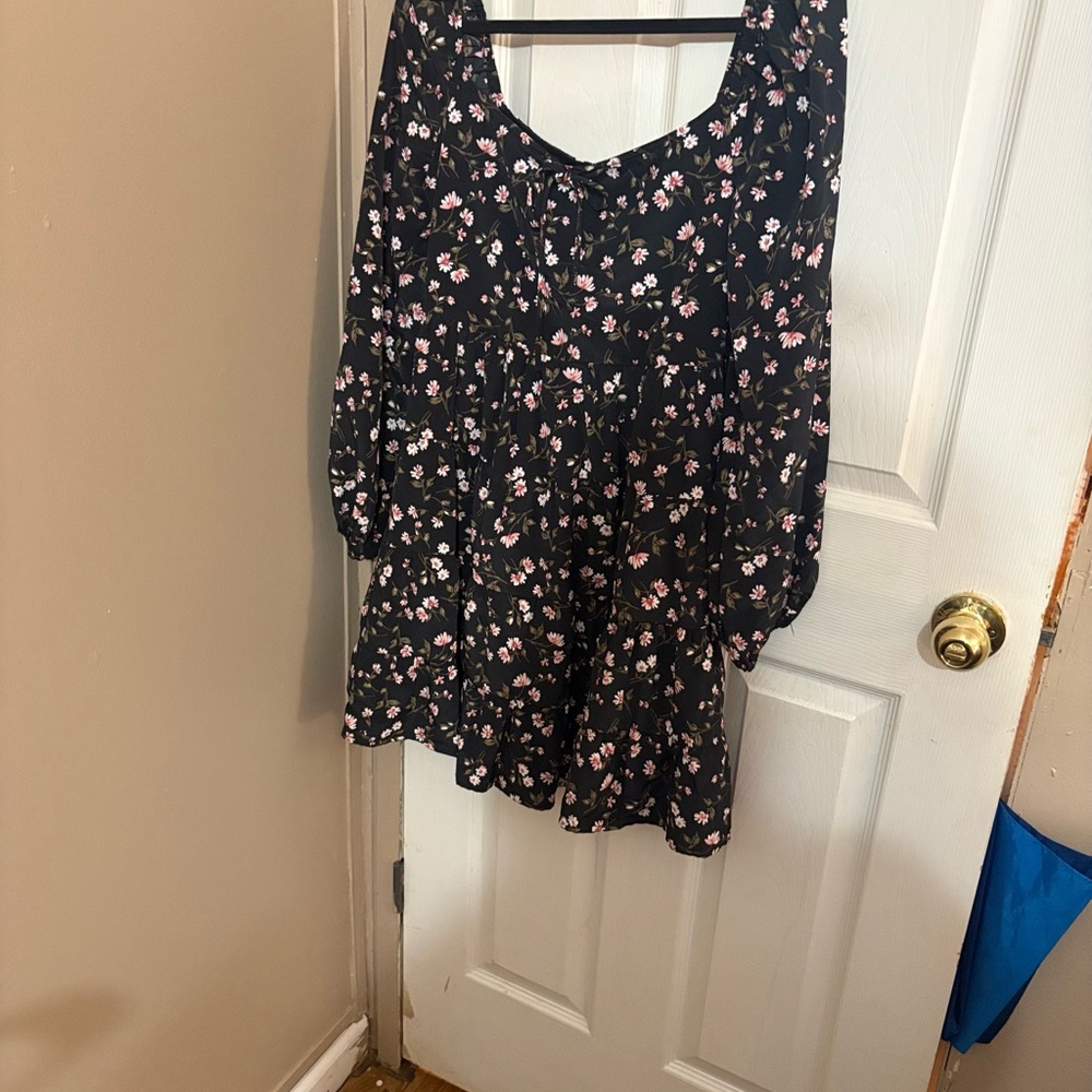 Wayf Black Dress with Pink and Brown Floral Pattern